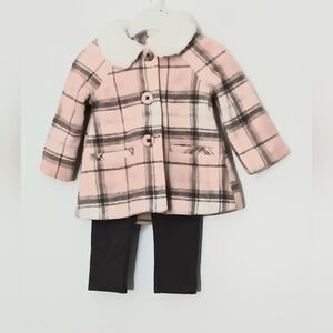 Tahari 3 Piece Set Baby 12M Plaid Pink, Gray & White Coat, Hat & Pants NEW